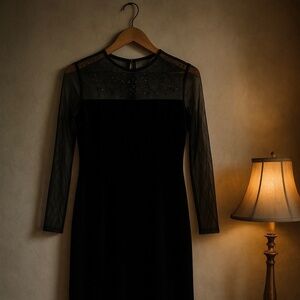 Ronni Nicole Black Velvet Midi Dress Sheer Beaded Gothic Dark Romance Size 10